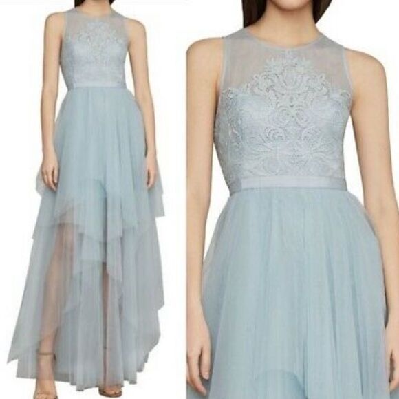 BCBGMAXAZRIA Sleeveless Embroidered Tulle Evening Gown Maxi Dress Light Blue - Picture 1 of 8